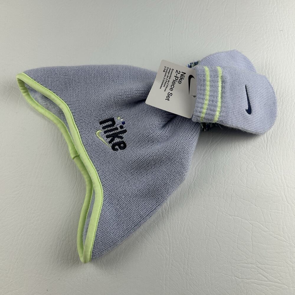Nike Infant 2 Piece Knit Hat Gloves Set Gray Neon Green Logo NWT - Picture 3 of 6